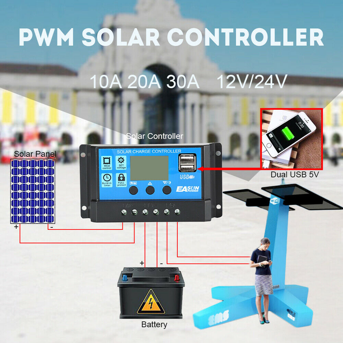 10A 20A 30A 40A 50A 60A Solar Charge Controller 12V 24V Auto PWM 5V Output Regulator PV Home Battery Charger LCD Dual USB-EASUN POWER Official Store