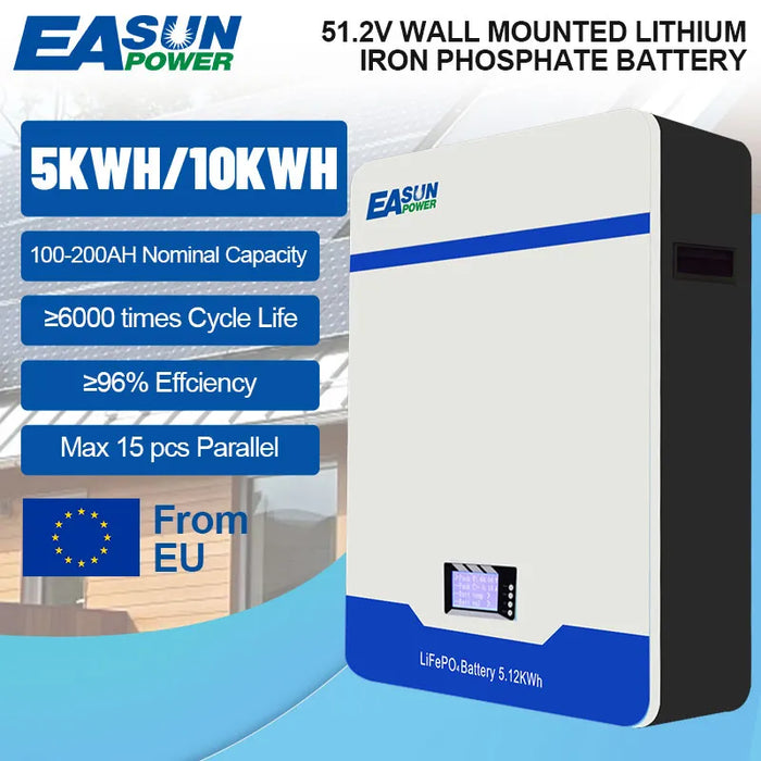 EASUN POWER 51,2 V 200 Ah LiFePO4-Akku mit BMS-System, Stromspeicher, Wandmontage, Versand aus der EU 