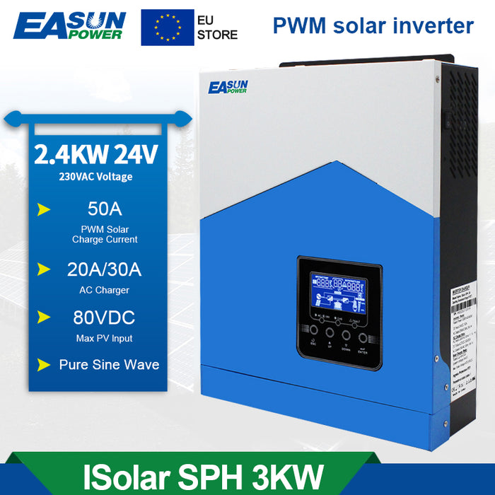 EASUN POWER Solar Inverter 3KVA Pure Sine Wave 24V 220V PV Power 1500W Built-in PWM 50A Solar Charge Controller and AC Charger for Home Use