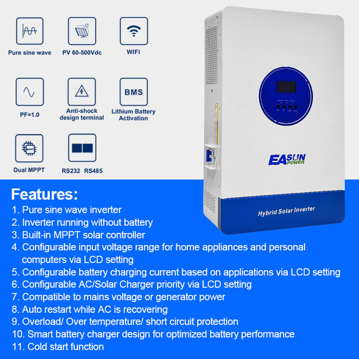 EASUN 11KW Off Grid Inverter Build-in MPPT 160A With Wifi Accept No Battery Work No Parallel