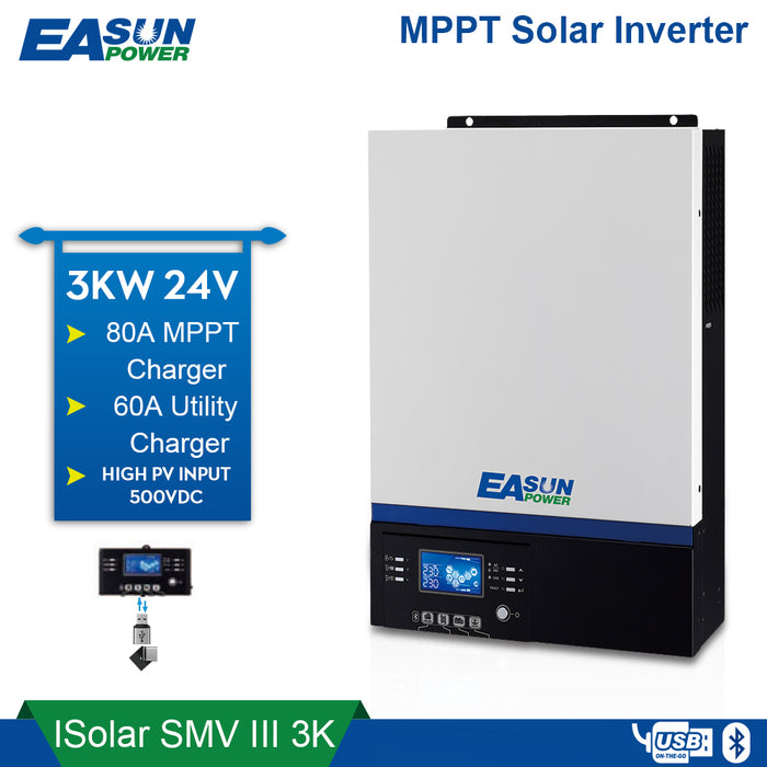 EASUN POWER Bluetooth Inverter 3000W 500Vdc PV 230Vac 24Vdc 80A MPPT Solar Charger Support Mobile Monitoring USB LCD Control AU in Stock-EASUN POWER Official Store